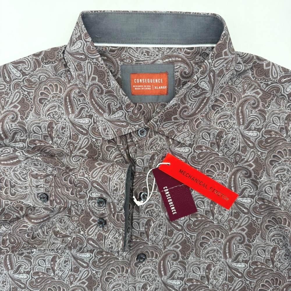 Consequence Button Up Men XL Brown Paisley Mechanical Stretch Long Sleeve Shirt
